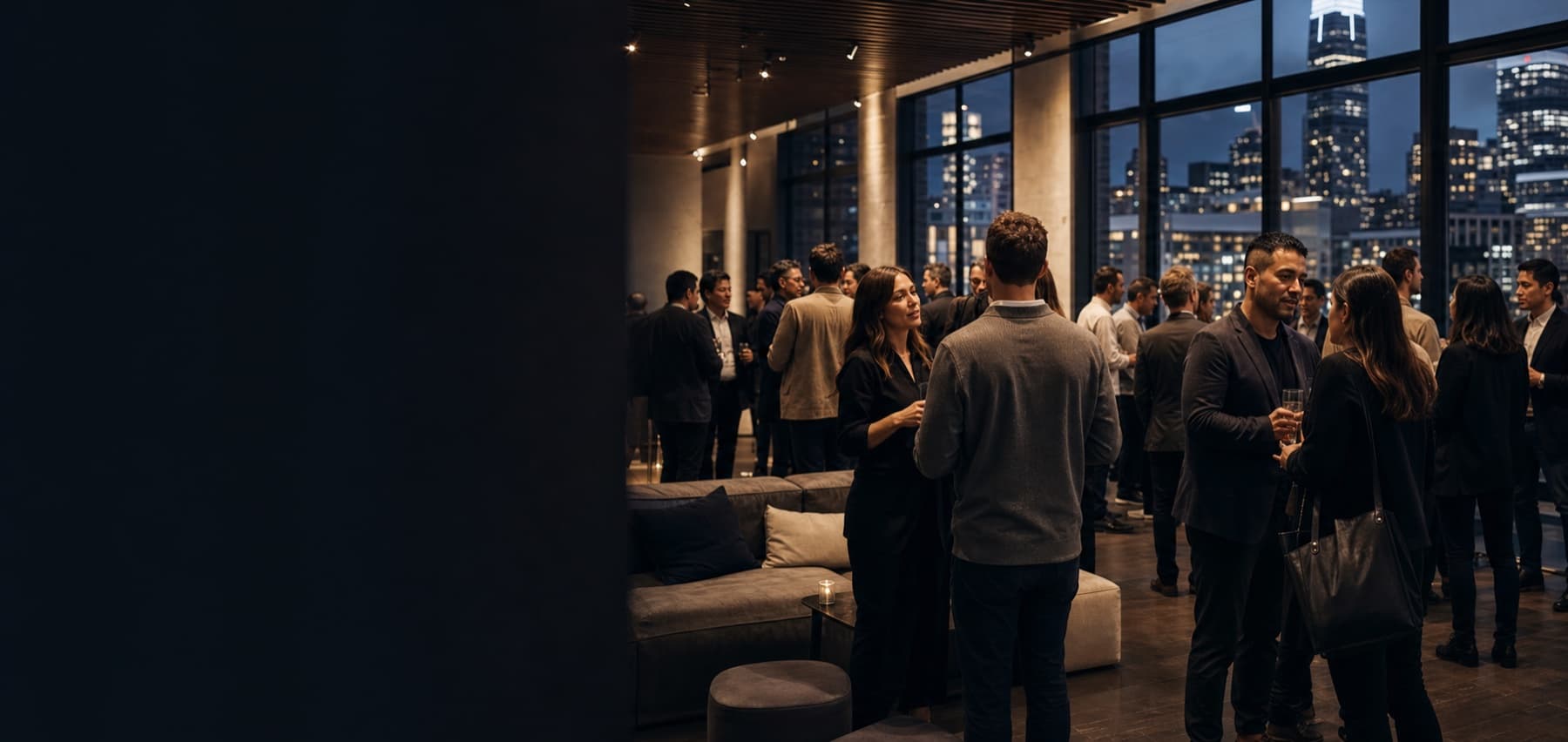 Professionals in focused conversations at an evening networking event